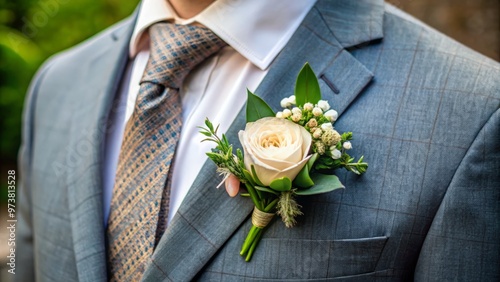 A delicate floral and foliage boutonniere, precisely crafted with gentle curves and soft colors, secured with discreet photo