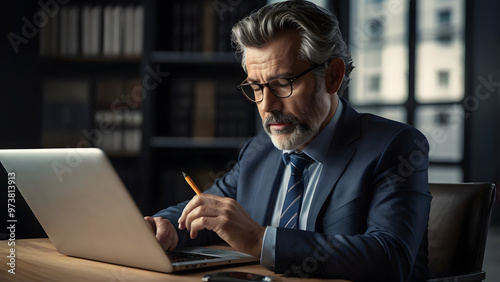 Mature Middle-Aged Professional Businessman Executive Working in Office, Using Laptop and Writing Notes, Focused on Task, Corporate Professional Engaged in Business Strategy and Planning at Work