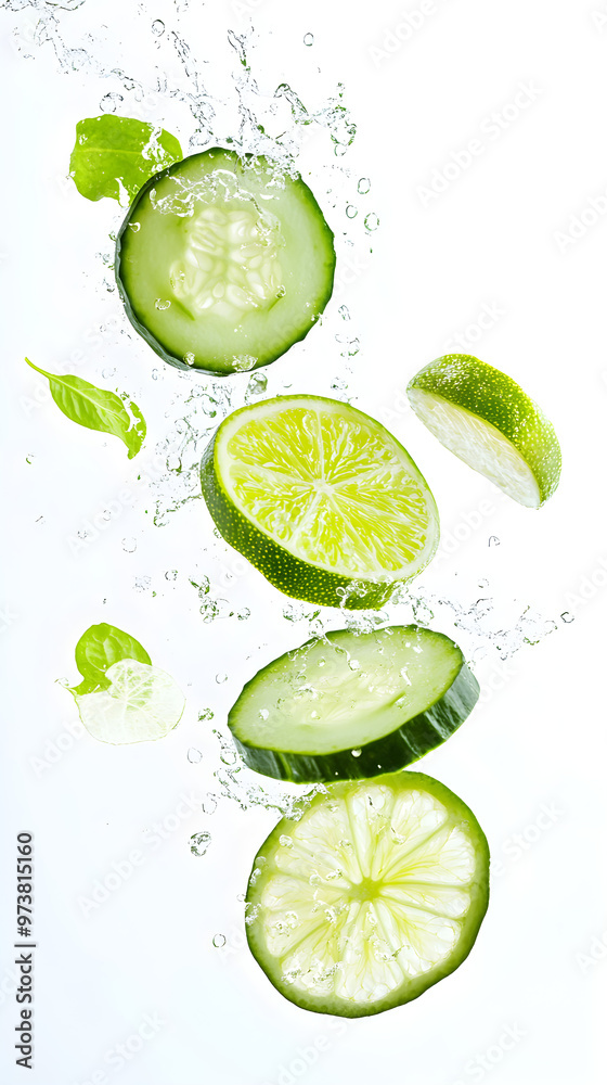Thin slices of cucumber and lime falling in a refreshing combination Thin slices of cucumber and lime falling in a refreshing combination
