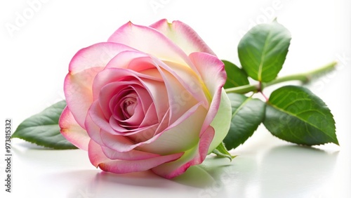 Against a serene white backdrop, a solitary pink rose with delicate white edges stands out, showcasing its intricate