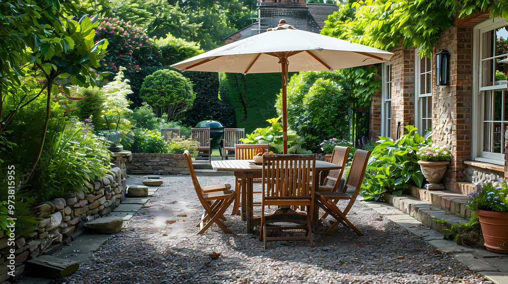 Done viwe London garden in summer with patio, wooden garden furniture and a parasol or sun umbrella Done viwe London garden in summer with patio, wooden garden furniture and a parasol or sun umbrella