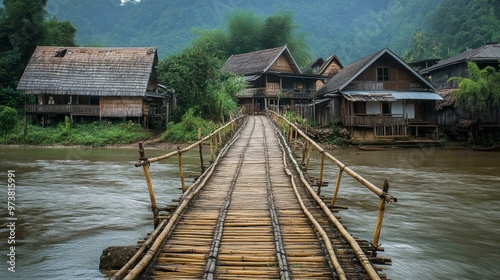 An ancient Thai bridge made of bamboo and wood, crossing a slow-moving river, with old wooden houses in the distance.