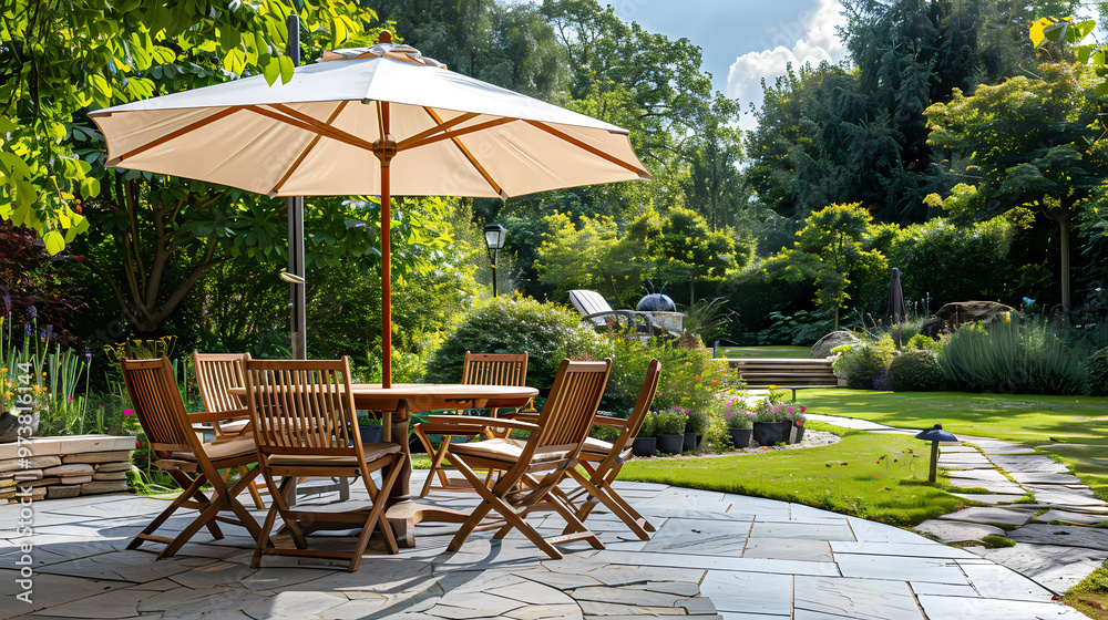 Done viwe London garden in summer with patio, wooden garden furniture and a parasol or sun umbrella Done viwe London garden in summer with patio, wooden garden furniture and a parasol or sun umbrella