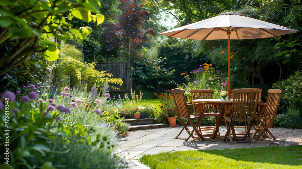 Done viwe London garden in summer with patio, wooden garden furniture and a parasol or sun umbrella Done viwe London garden in summer with patio, wooden garden furniture and a parasol or sun umbrella
