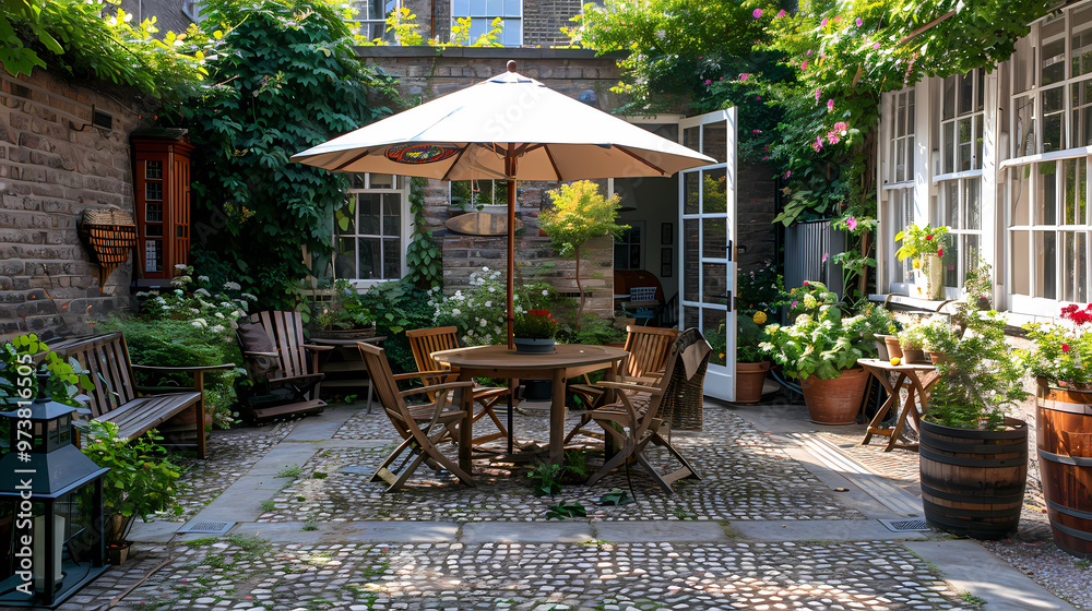 Obraz premium Done viwe London garden in summer with patio, wooden garden furniture and a parasol or sun umbrella