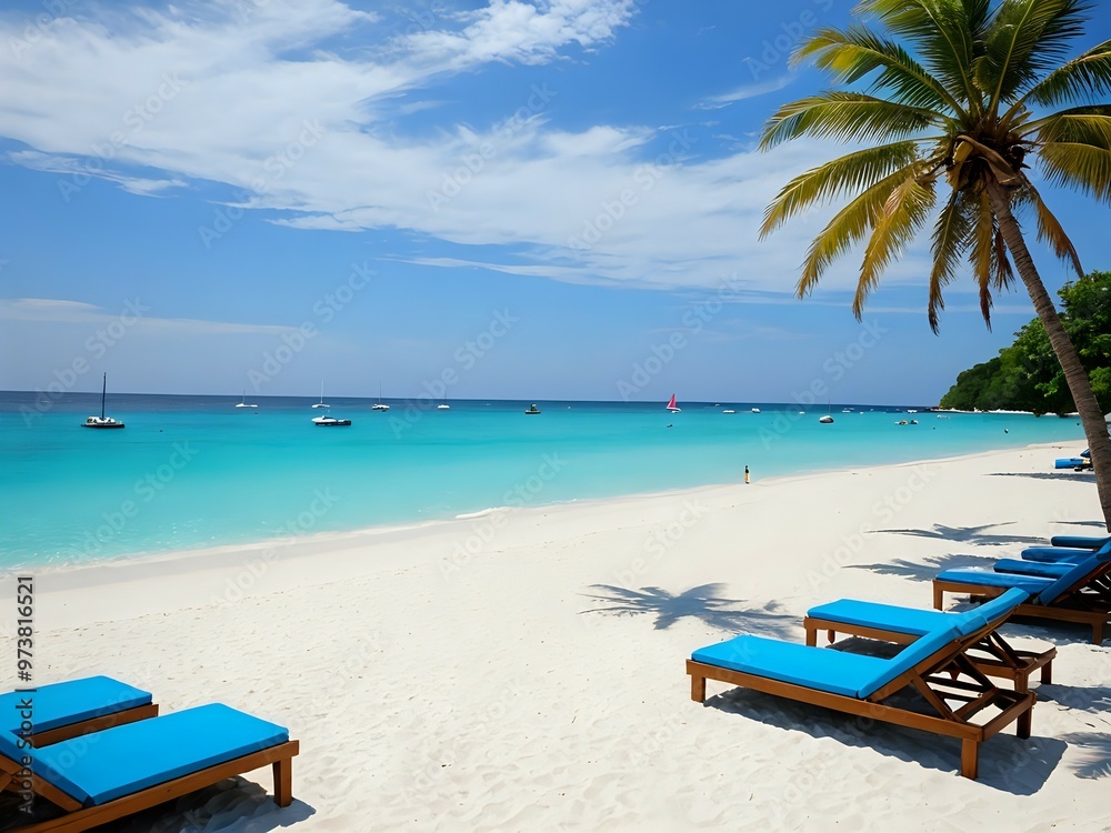 The white sandy beach, with its crystal-clear turquoise waters dotted with umbrellas and lounge chairs, is the perfect spot to relax under the sun. The white sandy beach, with its crystal-clear turquoise waters dotted with umbrellas and lounge chairs, is the perfect spot to relax under the sun.