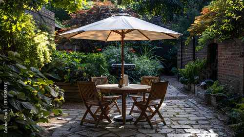 Done viwe London garden in summer with patio, wooden garden furniture and a parasol or sun umbrella