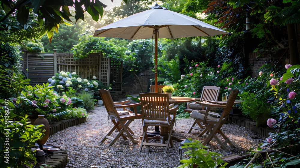 Obraz premium Done viwe London garden in summer with patio, wooden garden furniture and a parasol or sun umbrella