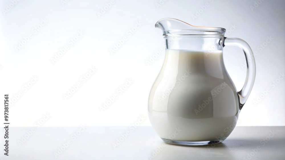 Glass jug pitcher filled with fresh milk on a white background, milk, fresh, dairy, glass jug, pitcher, isolated Glass jug pitcher filled with fresh milk on a white background, milk, fresh, dairy, glass jug, pitcher, isolated