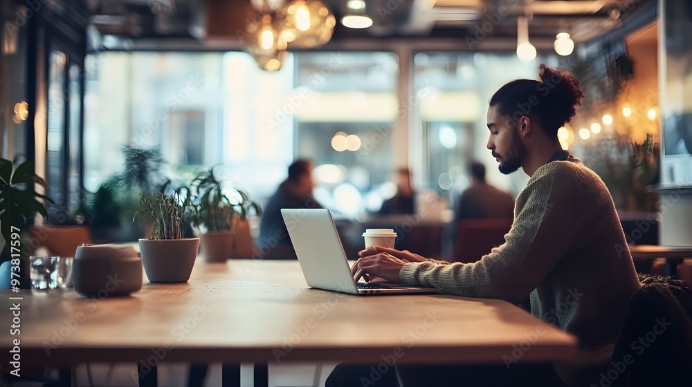 Open office with people working on laptops, and a coffee Open office with people working on laptops, and a coffee