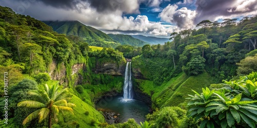 A lush rainforest sprawls across Honokohau Valley, with a cascading waterfall feeding a haven of verdant cliffs and photo