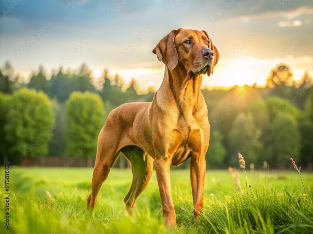 A majestic Broholmer dog stands proudly in a lush green meadow, its short coat glistening in the warm A majestic Broholmer dog stands proudly in a lush green meadow, its short coat glistening in the warm