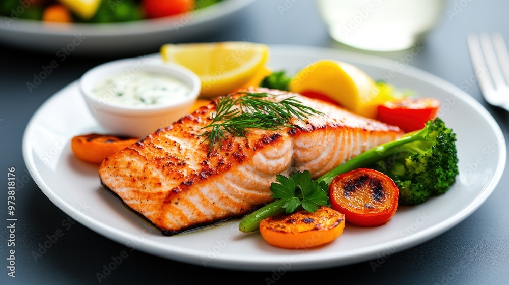 Grilled salmon fillet served with roasted vegetables and a lemon-dill sauce. Grilled salmon fillet served with roasted vegetables and a lemon-dill sauce.