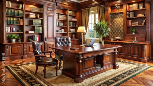 A majestic mahogany desk sits prominently in a plush home office, surrounded by towering bookshelves and a gleaming