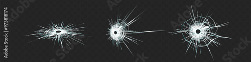Broken glass triple bullet holes in glass isolated on black