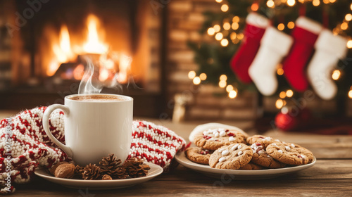 A cozy Christmas scene with mug of hot cocoa, cookies, and festive decorations creates warm and inviting atmosphere. fireplace adds to holiday spirit