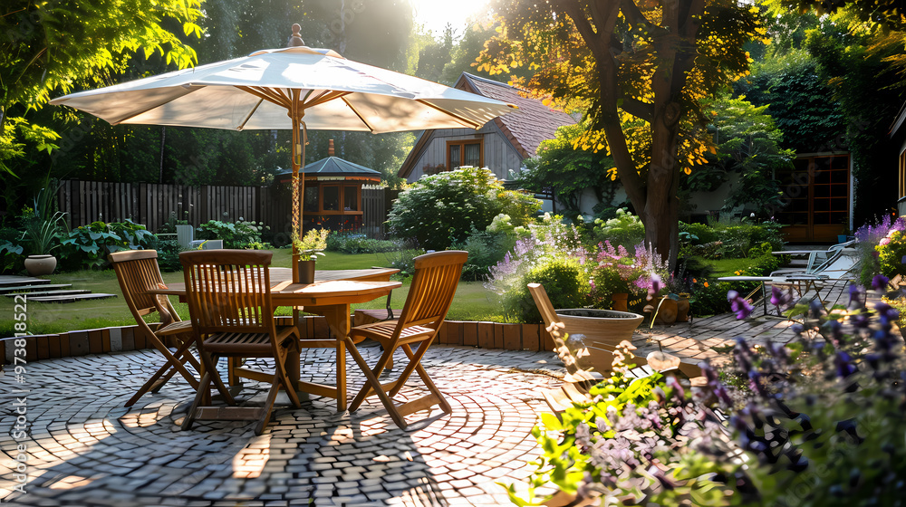 Done viwe London garden in summer with patio, wooden garden furniture and a parasol or sun umbrella Done viwe London garden in summer with patio, wooden garden furniture and a parasol or sun umbrella