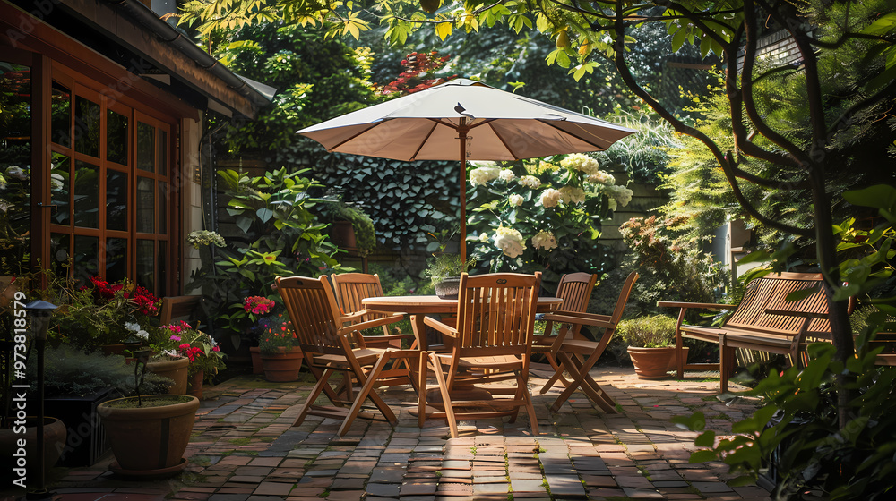 Done viwe London garden in summer with patio, wooden garden furniture and a parasol or sun umbrella Done viwe London garden in summer with patio, wooden garden furniture and a parasol or sun umbrella