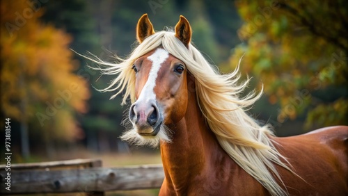 A majestic brown horse with a distinctive, flowing white mustache-like whisker arrangement around its mouth, set