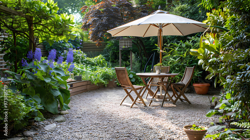 Done viwe London garden in summer with patio, wooden garden furniture and a parasol or sun umbrella