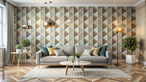 A modern interior space is elevated by stylish wallpaper, showcasing abstract geometric patterns in muted colors that