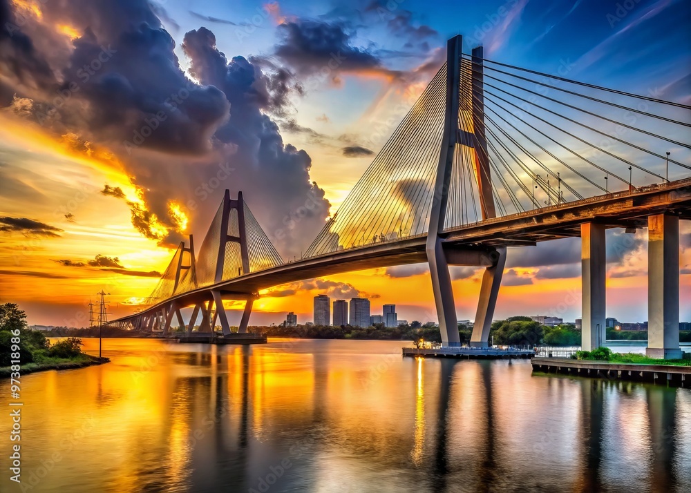 A majestic cable-stayed bridge spans the Houston Ship Channel, its towering pillars and sleek design dominating the A majestic cable-stayed bridge spans the Houston Ship Channel, its towering pillars and sleek design dominating the