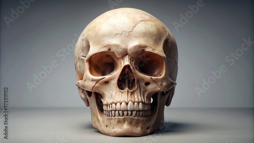 An anatomic human skull with realistic bone texture and details is isolated on a plain white background, showcasing