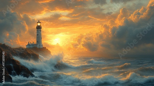 Serene lighthouse at sunset with crashing waves and dramatic clouds.