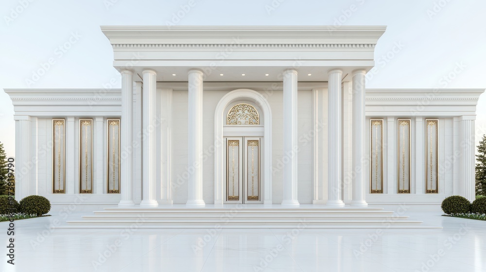 Fototapeta premium Classical Architecture Building Exterior With White Marble Columns And Golden Details