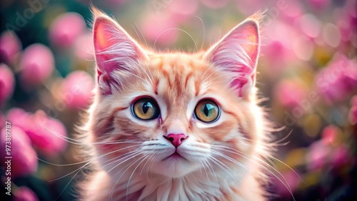 A pink cat with striking eyes and adorable expression, frolicking in the sunbeams, her playful pounces capturing the