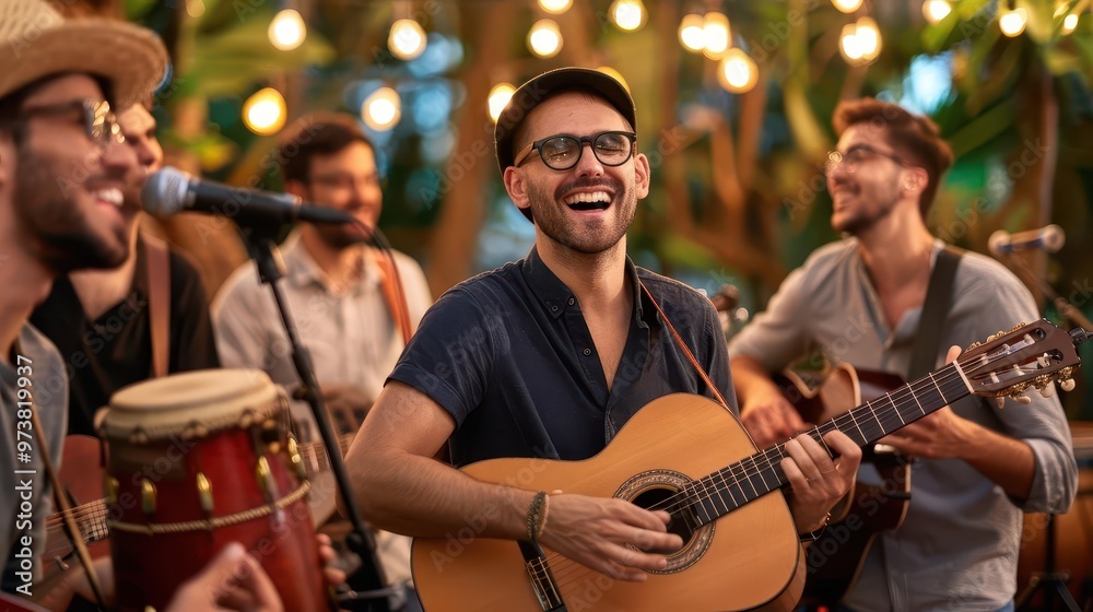 Fototapeta premium Cheerful musician performing with guitar in a vibrant outdoor setting, surrounded by friends and ambient lights.