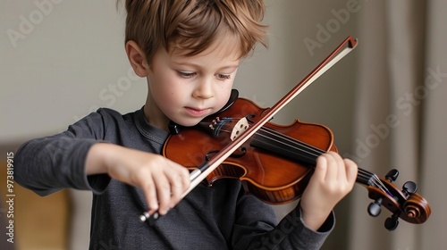 A young boy learning to play the violin with focus and passion, showcasing his musical talent in a bright indoor setting.