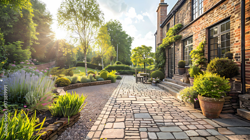 Hard landscaping, new luxury stone patio and garden of an English home