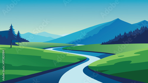  River flows through a lush green field, bordered by trees and vibrant grass under a clear blue sky flat vector illustration