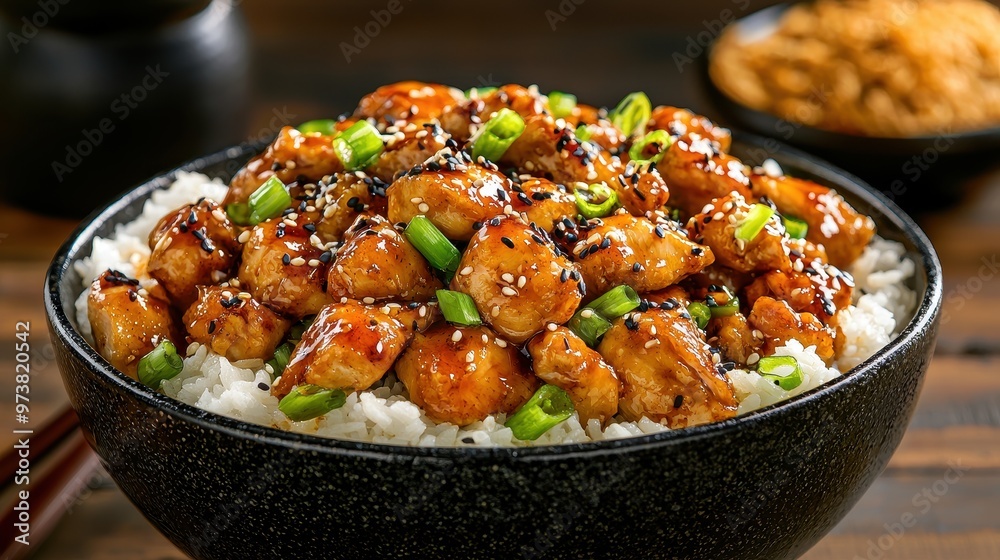 Teriyaki Chicken with Sesame Seeds and Green Onions on Rice in a Bowl Teriyaki Chicken with Sesame Seeds and Green Onions on Rice in a Bowl