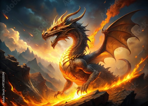 A majestic dragon unleashes a fiery blaze, its scales glistening as it breathes fierce flames that engulf the