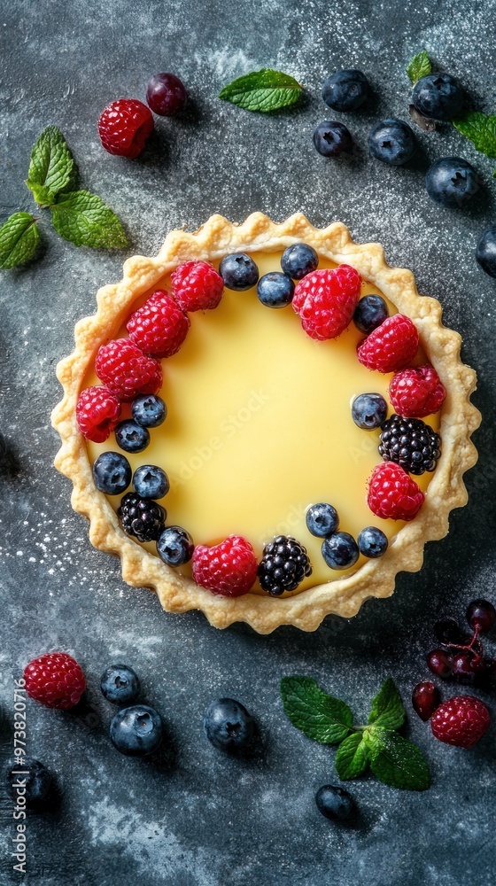 A homemade lemon tart with a flaky crust topped with fresh raspberries, blueberries, and blackberries. A homemade lemon tart with a flaky crust topped with fresh raspberries, blueberries, and blackberries.
