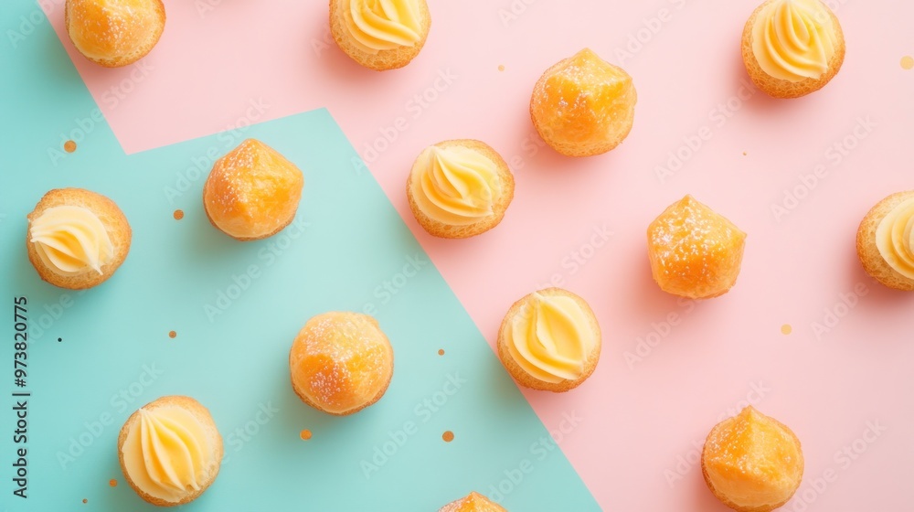 Fototapeta premium A flat lay of yellow cream puffs arranged on a pink and blue background with gold sprinkles.