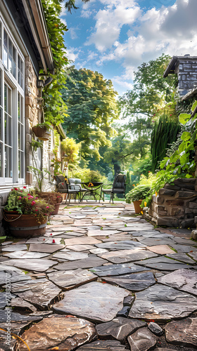 Hard landscaping, new luxury stone patio and garden of an English home