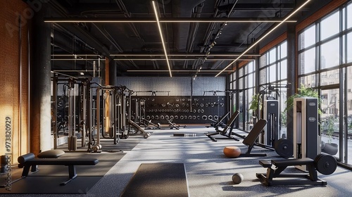 Modern gym interior with sport and fitness equipment  fitness center interior  interior of crossfit and workout gym  nice 3d rendering