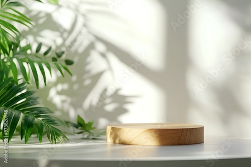 photo Wood podium table top blurred monstera green leaf plant nature background .Beauty cosmetic natural eco product modern display .jungle tropical forest concept