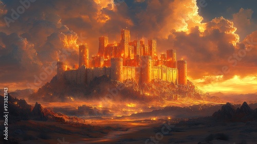 A fiery castle atop a rocky hill under a dramatic sunset sky.