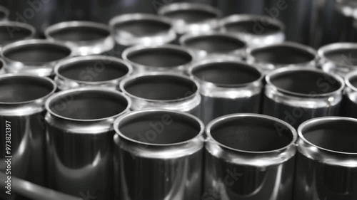 Production line for bottling drinks and beer at the plant. Empty aluminum beer cans move along a conveyor for filling, close-up. Aluminum cans for drinks. Beverage production and bottling plant.