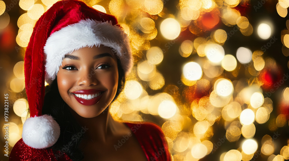 A joyful portrait of woman wearing Santa hat, radiating happiness against backdrop of festive bokeh lights. warm colors evoke cheerful holiday spirit A joyful portrait of woman wearing Santa hat, radiating happiness against backdrop of festive bokeh lights. warm colors evoke cheerful holiday spirit