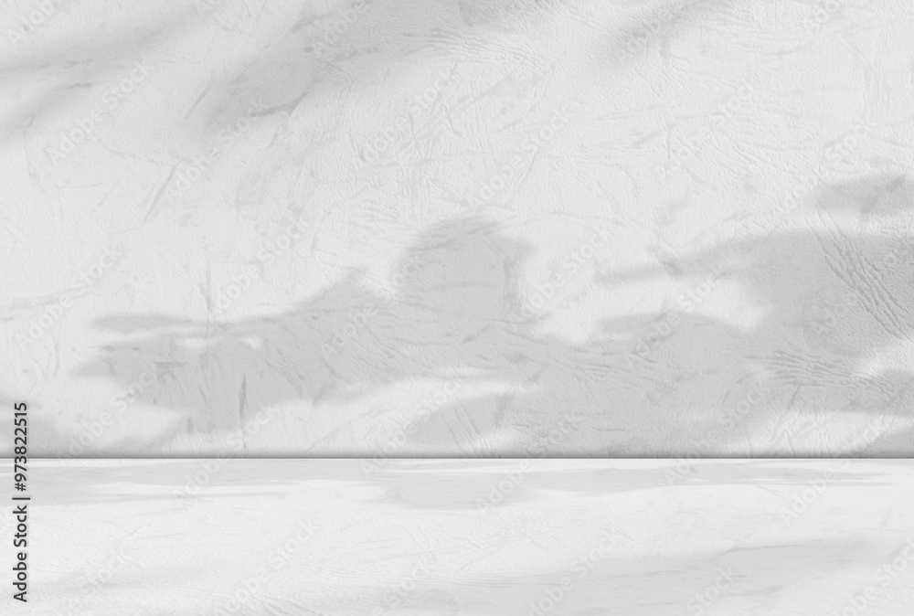 Fototapeta premium Background wall floor shadow grey leaf white light kitchen abstract studio product minimal room marble mockup display stage scene platform shelf space pattern backdrop table autumn summer travel.