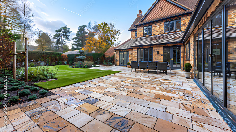 Hard landscaping, new luxury stone patio and garden of an English home Hard landscaping, new luxury stone patio and garden of an English home