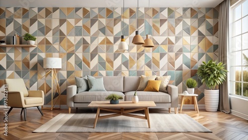 A sleek and sophisticated design is achieved with modern wallpaper, characterized by abstract geometric patterns in