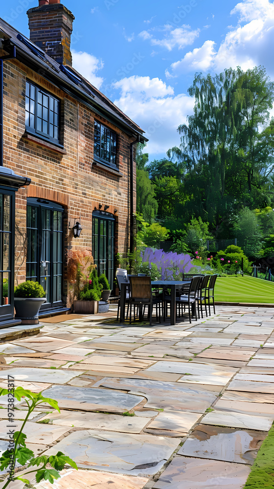 Fototapeta premium Hard landscaping, new luxury stone patio and garden of an English home