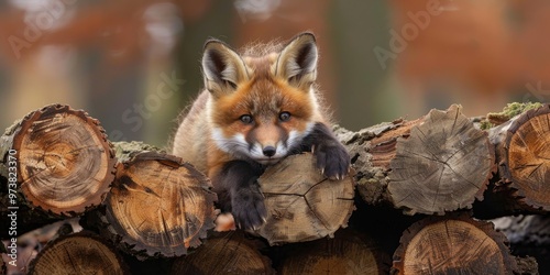 Impressive Young Fox Kit Resting on a Pile of Timber photo