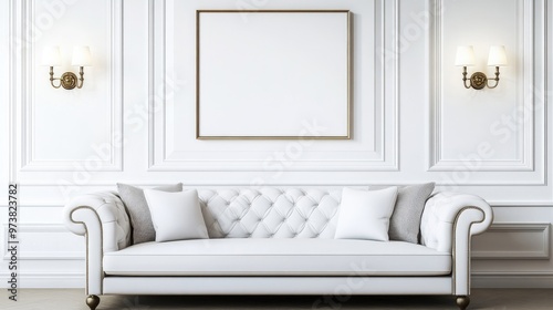 White sofa against wall with sconces and frame Mid-century interior design of modern living room